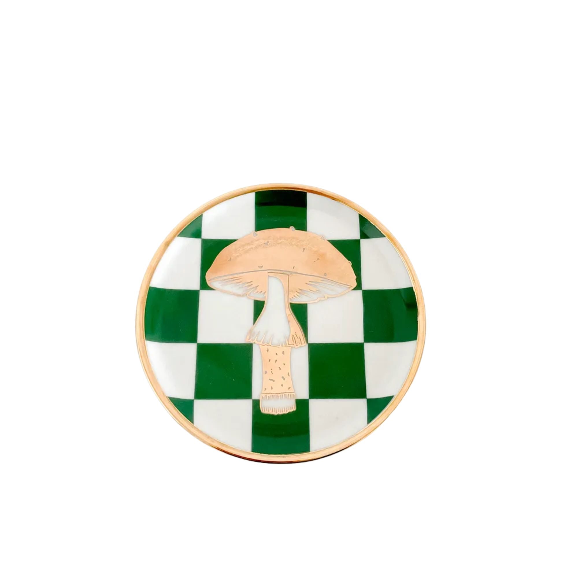 Prato Porcelana Xadrez Verde Cogumelo Dourado - Fancy