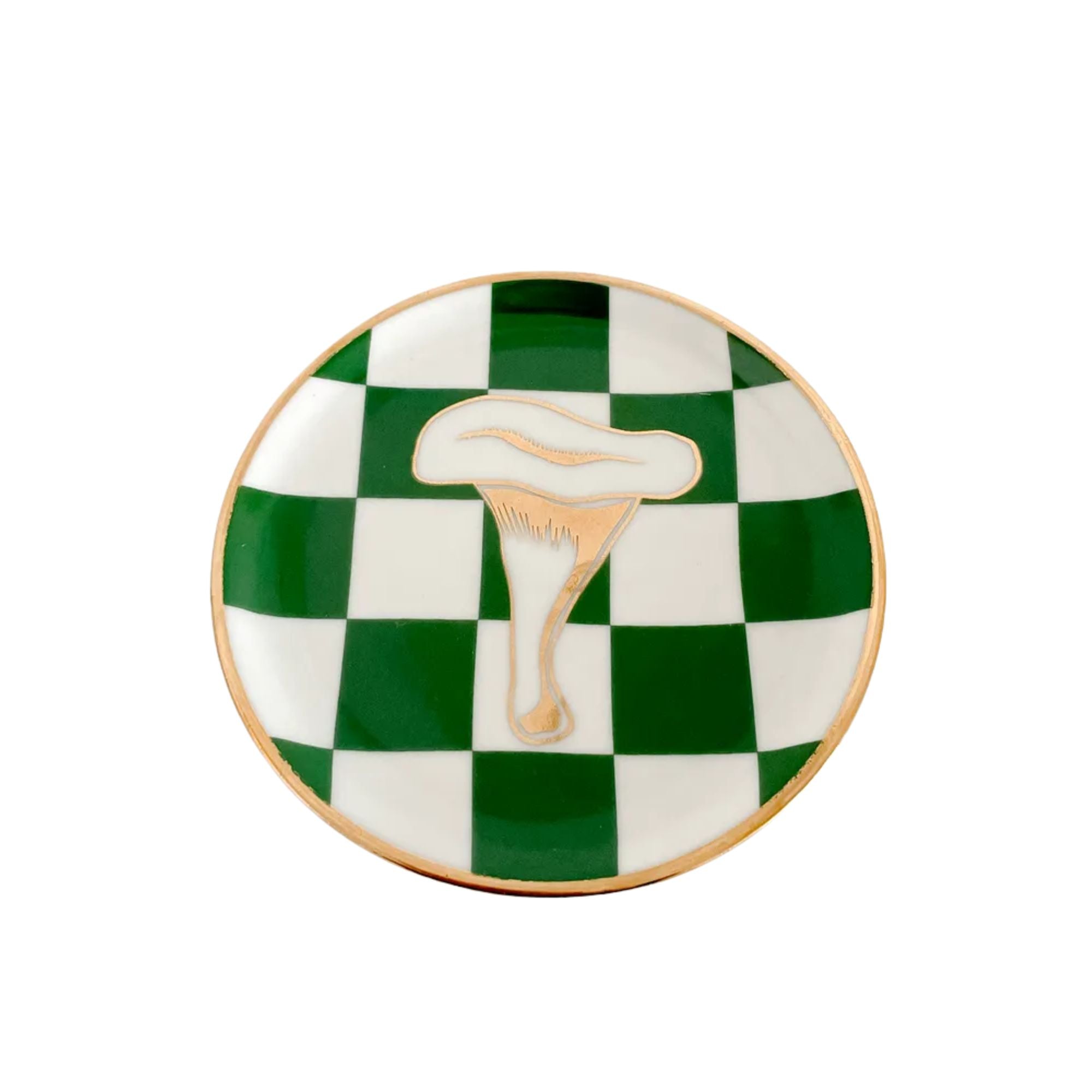 Prato Porcelana Xadrez Verde Cogumelo Dourado - Candy